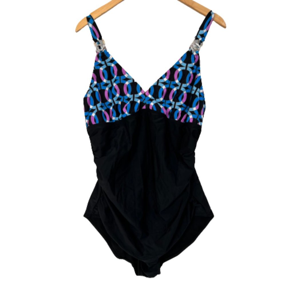 Anne Cole Women's One Piece V-Neck Black Shirred Swimsuit Purple Blue Size 14
